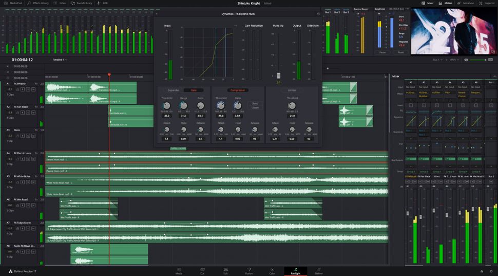 Esta es la página de Fairlight Audio en DaVinci Resolve Studio 17