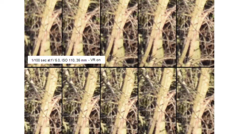 Estos recortes de 1:1 píxeles muestran el centro de diez fotogramas tomados a 1/100s, la mitad superior con estabilización óptica y la mitad inferior sin ella. Hay cierta variación en el conjunto, pero los cinco primeros son, de media, un poco blandos en comparación con los cinco últimos